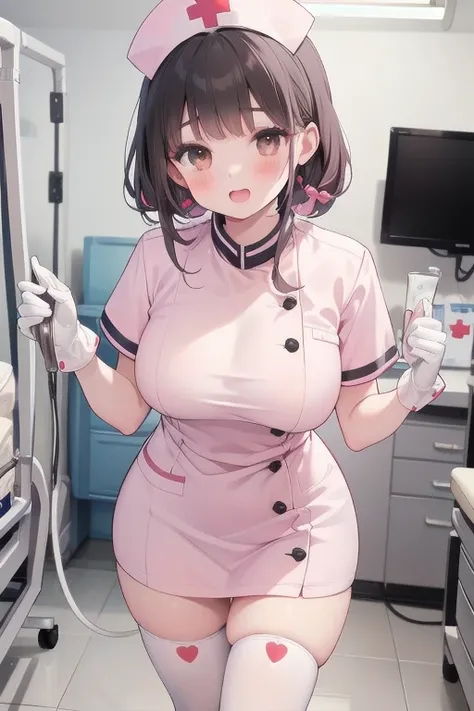 1girl, solo, nurse, nurse cap, white wear, ((white legwear, zettai ryouiki)), white gloves, pink hair,  drooping eyes, ((covered nose)), standing, ((hospital room)), sharp outline, short sleeves, best quality, masterpiece，Fleshy，Brown eyes，Fleshy，Black hai...