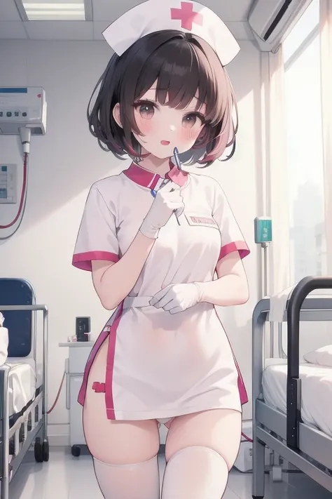 1girl, solo, nurse, nurse cap, white wear, ((white legwear, zettai ryouiki)), white gloves, pink hair,  drooping eyes, ((covered nose)), standing, ((hospital room)), sharp outline, short sleeves, best quality, masterpiece，Fleshy，Brown eyes，Fleshy，Black hai...