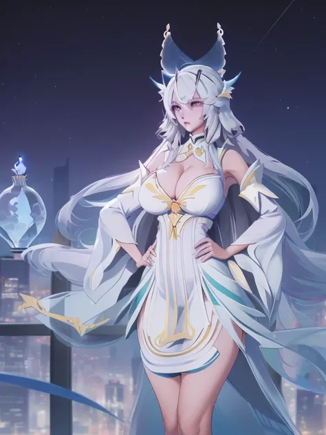 WZRY XishiYLQY, 1 Girl, long hair, Solitary, skirt, Separate sleeves, white hair, trumpet,Become a,(((Large Breasts)))Breast sagging、Low-cut(((Cleavage )))、(((Wide hips,)))(((Hourglass figure)))((Long legs)),, city View, night, looking at the audience, Cow...