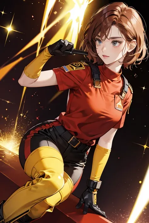 with short reddish-brown hair. She wears a red shirt, black pants, light yellow gloves and boots, and yellow elbow pads and knee pads. SPARKLE; GLITTER