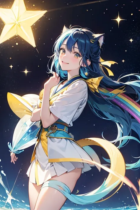 Hoshitchi resembles a shooting star. She has a dark blue face, light blue cheeks, yellow star-shaped eyes, a yellow smile, and a rainbow tail. SPARKLE; GLITTER