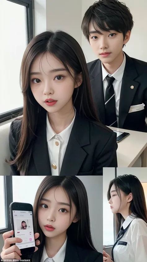  (high quality), (NSFW:1.2), Split screen vertically, 1 girl and 1 man are dating online by exchanging own photos and messages using a smartphone chatting app, 18 years old, korean, long distance relationship, The text is written in English., they weared k...