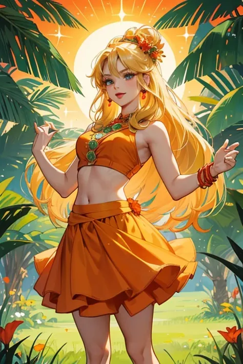 Resembling somewhat of a human hula dancer, it has flesh skin, blonde long hair, big red lips, an orange flower on its hair, and a green grass-eske skirt. SPARKLE; GLITTER