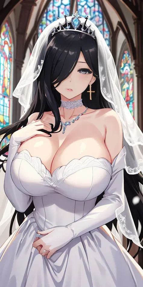 Off-the-shoulder white wedding dress, Snow White Veil, choker, silver tiara, necklace, earrings, church background, kanu unchou, anime cels style, best quality, high resolution, 1girl, (huge breasts:1.2), beautiful face, black hair, long hair, ((hair over ...