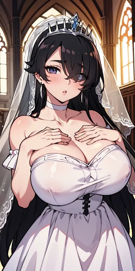 Off-the-shoulder white wedding dress, Snow White Veil, choker, silver tiara, necklace, earrings, church background, kanu unchou, anime cels style, best quality, high resolution, 1girl, (huge breasts:1.2), beautiful face, black hair, long hair, ((hair over ...