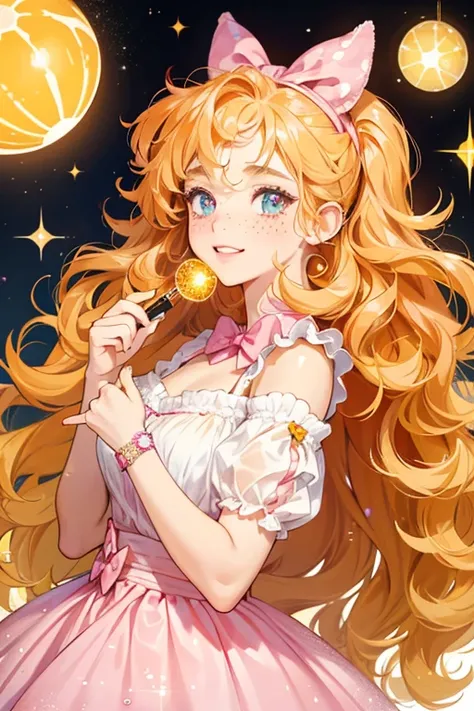 She has lighter yellow skin, orange, and a curl that is curled half way on her head. She also three freckles on each of her cheeks, and wears a pink bow. SPARKLE; GLITTER