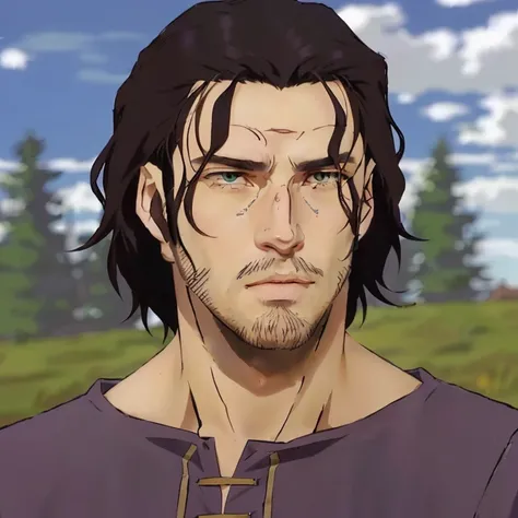 a close up of a man with long hair and a few lightly beard, handsome guy , caleb from critical role, aragorn in an anime world, taisho roman, arsen lupin as a paladin, boromir in an 80s anime world, vinland saga, anime handsome man, boromir in an anime wor...