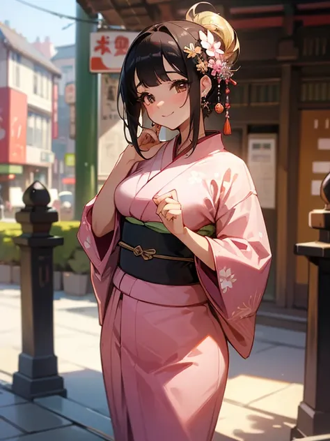 ((masterpiece)), ((best quality)), (ultra-detailed), ((kawaii)), cute, (lovely), ((sexy)), (ero), ((extremely detailed)), 4K, (8K), best quality, (beautiful), in the middle, city, town, daytime, a pretty woman, solo, kimono, japanese cloth, beautiful black...