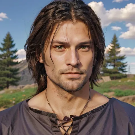 a close up of a man with long hair and a few lightly beard, handsome guy , caleb from critical role, aragorn in an anime world, taisho roman, arsen lupin as a paladin, boromir in an 80s anime world, vinland saga, anime handsome man, boromir in an anime wor...