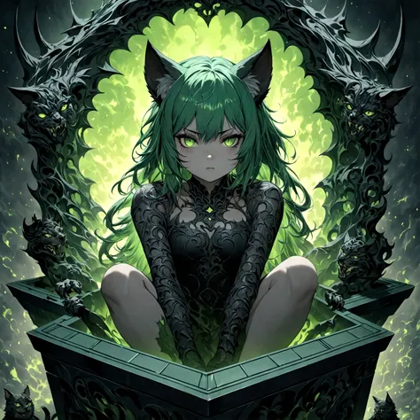 a cute sleepy cat girl with green hair, demonic aesthetics, sitting in a demonic looking box, extremely detailed face and eyes, ...