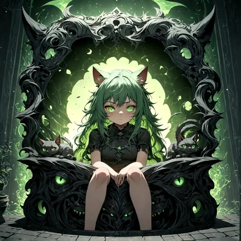 a cute sleepy cat girl with green hair, demonic aesthetics, sitting in a demonic looking box, extremely detailed face and eyes, ...