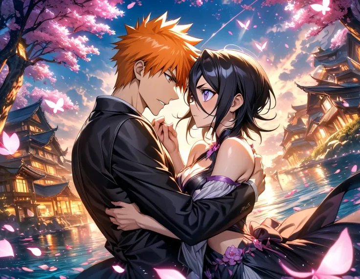 absurdres, highres, ultra detailed, HDR, master piece, best quality, Kurosaki Ichigo, orange hair, expressive brown eyes, Bleach, Kuchiki Rukia, black hair, expressive purple eyes, handsome man together with a beautiful woman, couple, black clothes, magica...