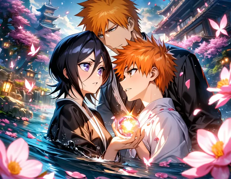 absurdres, highres, ultra detailed, HDR, master piece, best quality, Kurosaki Ichigo, orange hair, expressive brown eyes, Bleach, Kuchiki Rukia, black hair, expressive purple eyes, handsome man together with a beautiful woman, couple, black clothes, magica...