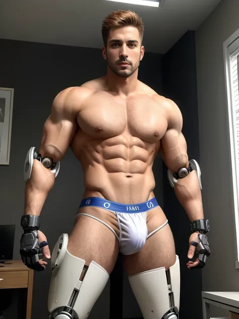 tall bionic man, corpo atletico, primeiro o rei, pelos corporais, ginger hair, barba desenhada, white speedo, LARGE BULGE IN THE UNDERWEAR, flexed biceps, robotic artificial leg prosthesis, Homem com pernas amputadas,Robotic carbon legs, big buttock, ambie...