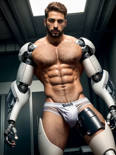 tall bionic man, corpo atletico, primeiro o rei, pelos corporais, ginger hair, barba desenhada, white speedo, LARGE BULGE IN THE UNDERWEAR, flexed biceps, robotic artificial leg prosthesis, Homem com pernas amputadas,Robotic carbon legs, big buttock, ambie...