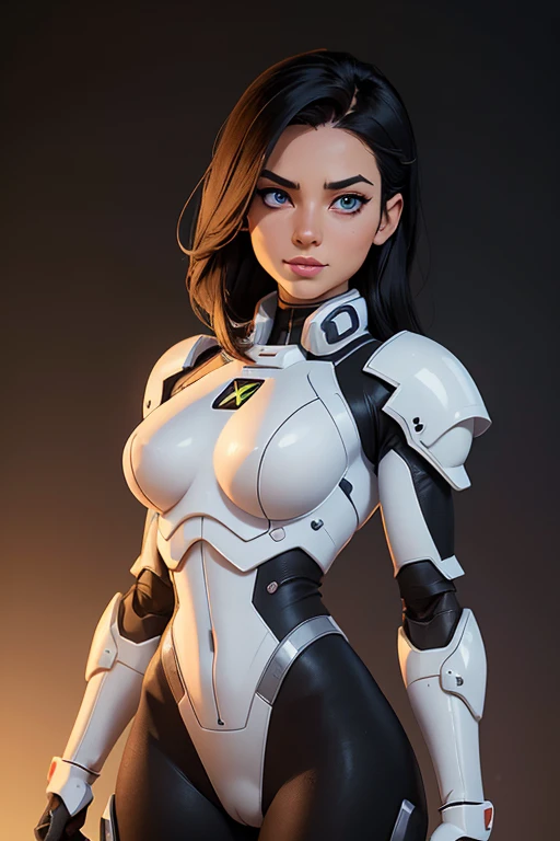 (upper body), (realistic, [anime]), (3d:0.3), dramatic lighting, ((masterpiece)),(quality),(highres), tall Lady Voidstar, [[covered abs]], ((x-ray power armor|lined bodysuit|white power armor) mechanical arms), long black hair undercut, [evil smile], small...