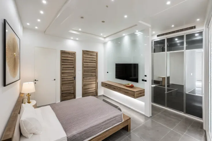 Raw photo,Masterpiece, high quality, best quality, authentic, super detail, indoors, interior ,BED room, modern style, daylight, (WHITE WALL), (((the right corridor ))), mezzanine floor, glass door.