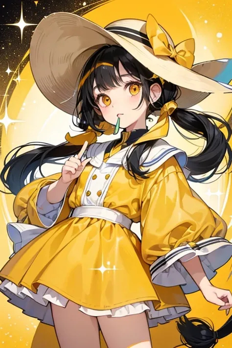 Jidoutchi has a small round head and round, yellow feet. She has light creamy skin, orange cheeks, dark oval-shaped eyes, and a mouth like a straight line. She has black hair in pigtails with yellow hair ties. She wears a round yellow hat. SPARKLE; GLITTER