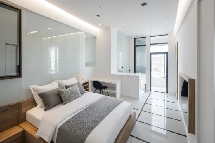 Raw photo,Masterpiece, high quality, best quality, authentic, super detail, indoors, interior ,BED room, modern style, daylight, (WHITE WALL), (((the right corridor ))), mezzanine floor, glass door.