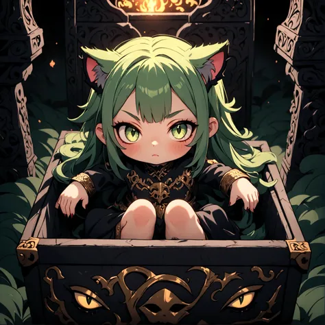 a cute sleepy cat girl with green hair, demonic aesthetics, sitting in a demonic looking box, extremely detailed face and eyes, detailed intricate hair, intricate demonic design, dark fantasy, dramatic lighting, moody colors, cinematic composition, photore...