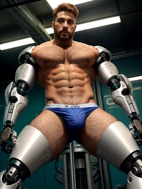 tall bionic man, corpo atletico, primeiro o rei, pelos corporais, ginger hair, barba desenhada, white speedo, LARGE BULGE IN THE UNDERWEAR, flexed biceps, robotic artificial leg prosthesis, Homem com pernas amputadas,Robotic carbon legs, big buttock, ambie...