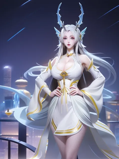 WZRY XishiYLQY, 1 Girl, long hair, Solitary, skirt, Separate sleeves, white hair, trumpet,Become a,(((Large Breasts)))Breast sagging、Low-cut(((Cleavage )))、(((Wide hips,)))(((Hourglass figure)))((Long legs)),, city View, night, looking at the audience, Cow...