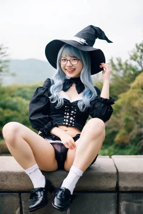 ROW Photos、high quality、Beautiful Japanese Girls、18-year-old、Laughter、smile、I、Gothic Lolita、Gothic Lolita、Witch Hat、From the knee up、Round Glasses、Blue-gray hair color、Silver hair color、((Sexual Panties:0.9))、((Spread your legs wide:1.4))、