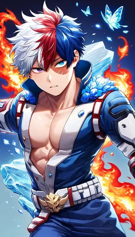 Ultra detailed, HDR, Highres, absurdres, master piece, Todoroki Shouto, bicolored hair, white right hair, red left hair, expressive blue eyes, heterochromia, Boku No Hero Academia, glittering blue butterflies, petals, fantasy, blue flowers, sexy man, solo,...