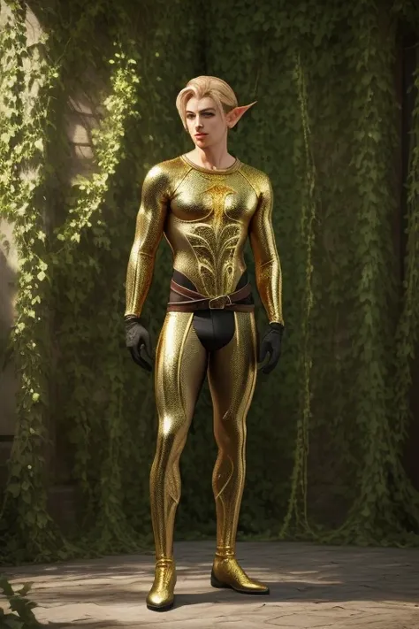 Full body photorealistic shot.( handsome Elf Adam Forest)( slender built)(impressive) (solid skin made of intricate  thick gold biomorphic  viens and vines textured  spandex body and gloves )