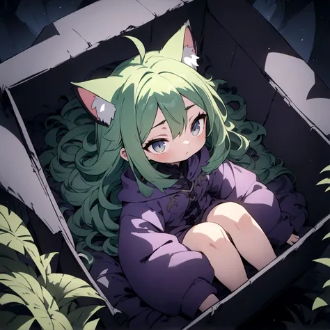 a cute sleepy cat girl with green hair, demonic aesthetics, sitting in a demonic looking box, extremely detailed face and eyes, detailed intricate hair, intricate demonic design, dark fantasy, dramatic lighting, moody colors, cinematic composition, photore...