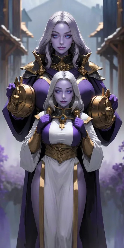 (Triplets)(chest covered)(smile) purple skin, pale golden hair and violet eyes. They prefer clothing of white and silver with cloaks of deep blue or purple, village background, huge knockers ((very precise detailed)) ((high res)