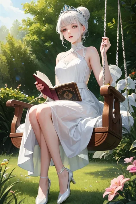 ((best quality)), ((masterpiece)), (detailed), perfect face The kings daughter with pale skin and white hair, her hair bun with a small white tiara, White dress Above the knee with small strap sleeves,Wearing glass slippers sitting on a Swing while reading...