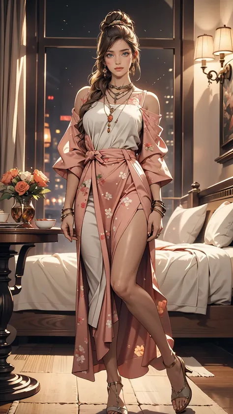 masterpiece, highest quality, 8k, High resolution, (Head to Toe:1.4), RAW digital fixed-point shot of young London woman standing proudly, slim, Sexy body and face, Smiling mockingly at the viewer, Expensive modern clothes, hair ornaments, Discreet Jewelry...