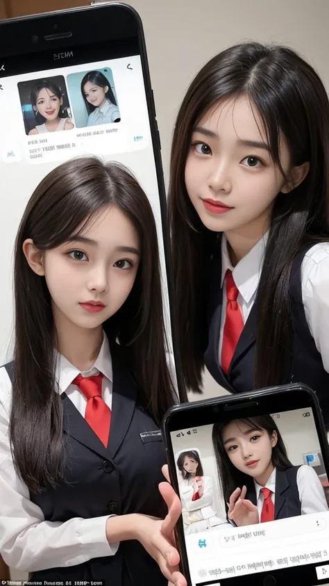  (high quality), (NSFW:1.2), Split screen vertically, 1 girl and 1 man are dating online by exchanging own photos and messages using a smartphone chatting app, 18 years old, korean, long distance relationship, The text is written in English., they weared k...