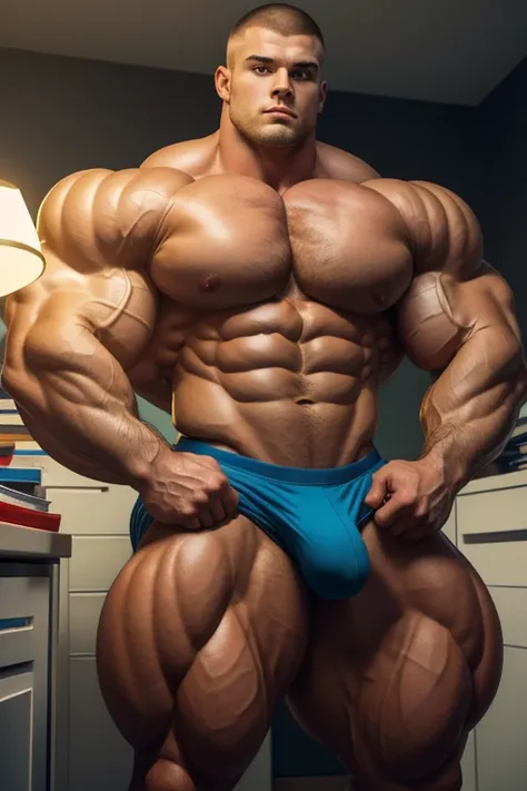 A perspiring young male college student wearing a shirt with JOCK-U with vinyl ironed on sorts through a filing cabinet at night with a lamp shining overhead as he grows bigger muscles and slowly forgets his goal as he turns into a hyper muscular big dumb ...