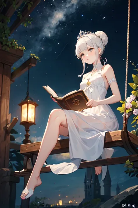 ((best quality)), ((masterpiece)), (detailed), perfect face The kings daughter with pale skin and white hair, her hair bun with a small white tiara, White dress Above the knee with small strap sleeves, not wear a slippers sitting on a Swing while reading a...