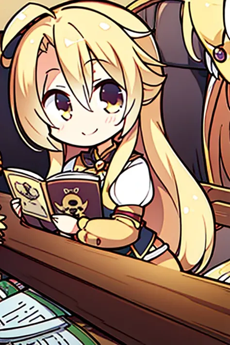 A golden haired female angels with hazel eyes and an hourglass figure with golden wings in a pirates outfit is reading a map on a pirate ship with a big smile 