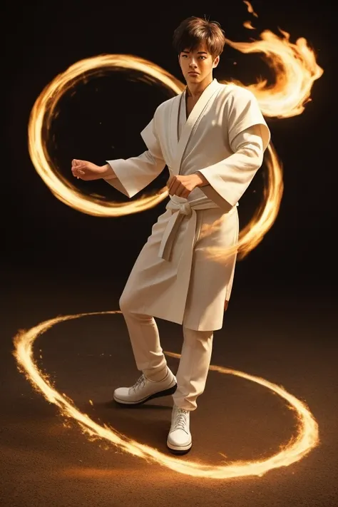 Full Body photorealistic picture of handsome wind bender wearing cream. Magic circle as the background