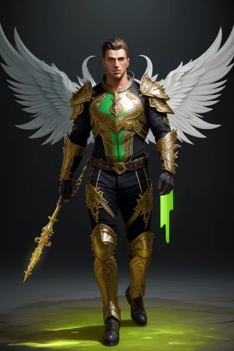 Full body photorealistic handsome hunky masculine fractal archangel .unreal engine, extremely attractive male wearing chartreuse green bodysuit, big wide massive sparkling wings extremely masculine physique, intricately detailed metal body armour, bulge, r...