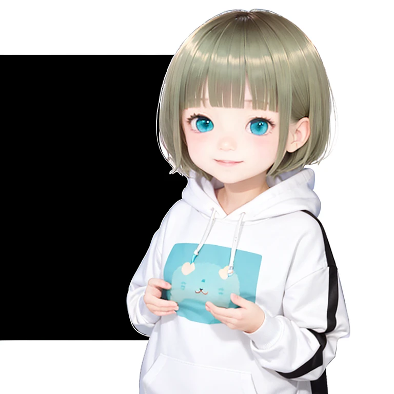 Momoko Sakura style, Kawaii Design, (((Many people々)))、The most beautiful girl of all time、Little, Blonde Hair、Short Mash Hair、The front hair is even、Turquoise Eyes、White hoodie、Black hot pants、Black sneakers、He has food stuffed in his cheeks and looks hap...