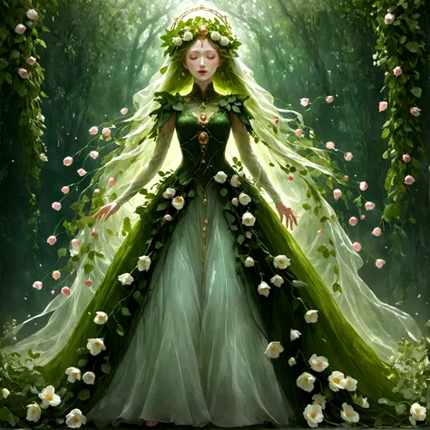 the goddess persephone in a dress made out of greenery and flowers