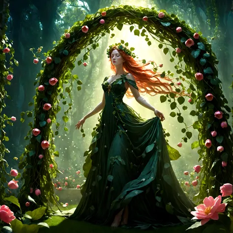 a goddess persephone, elegant intricate floral dress, flowing greenery leaves vines, blooming flowers, lush verdant garden setting, dramatic dramatic lighting, dramatic cinematic atmosphere, hyperrealistic, photorealistic, 8k, ultra-detailed, masterpiece, ...