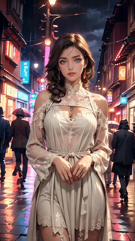 ((highest quality, 8k, lace maxi dress, Standing in the rain, Red Light District, Highly detailed face and skin texture, Fine grain, double eyelid.)