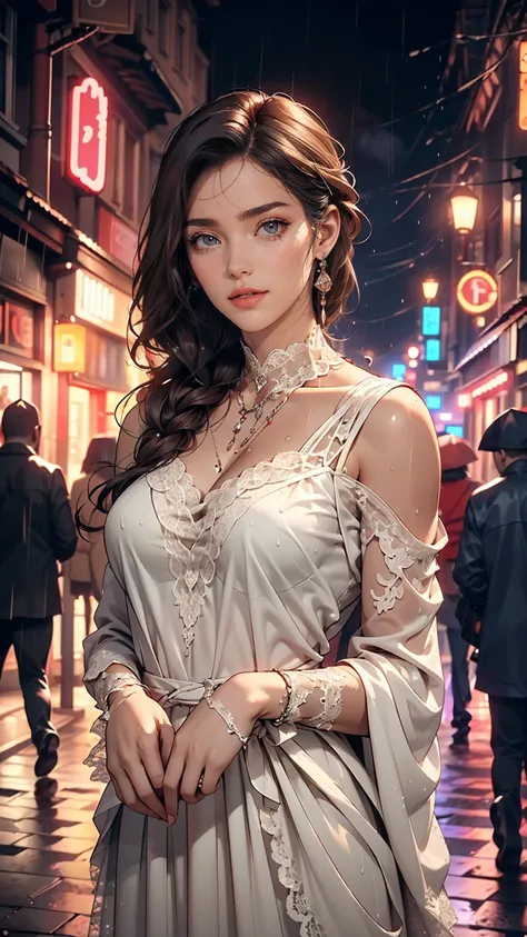 ((highest quality, 8k, lace maxi dress, Standing in the rain, Red Light District, Highly detailed face and skin texture, Fine grain, double eyelid.)