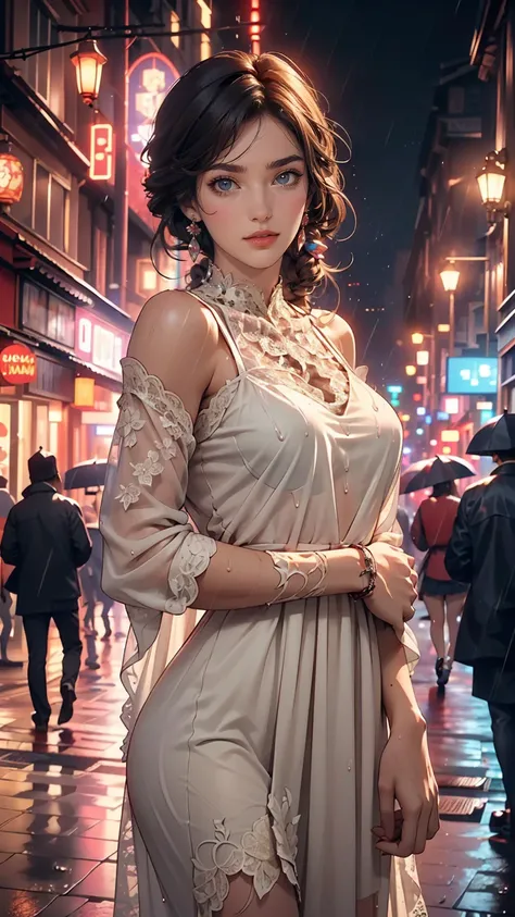 ((highest quality, 8k, lace maxi dress, Standing in the rain, Red Light District, Highly detailed face and skin texture, Fine grain, double eyelid.)