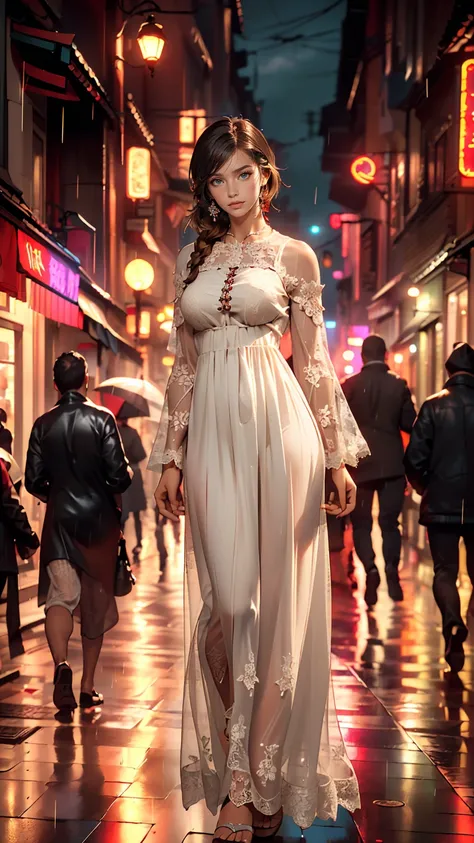 ((highest quality, 8k, lace maxi dress, Standing in the rain, Red Light District, Highly detailed face and skin texture, Fine grain, double eyelid.)