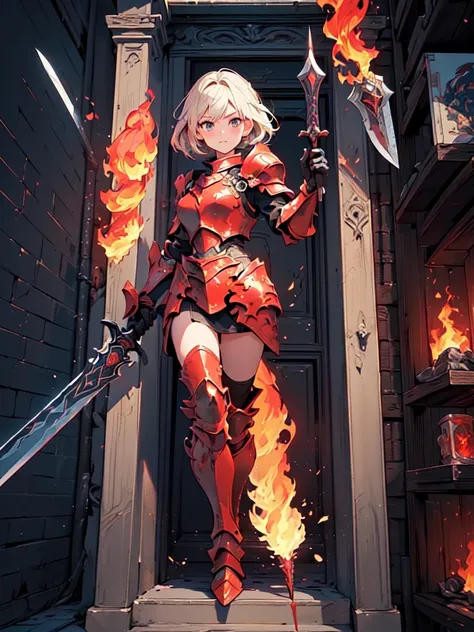 Design a layout showcase Gaming character, (1girl). Gold+Red clothes, fiery and majestic, ((showcase weapon:1.4)), flame whip, (masterpiece:1.2), (best quality), 4k, ultra-detailed, (Step by step design, layout art:1.5), (flaming lighting, fiery setting), ...