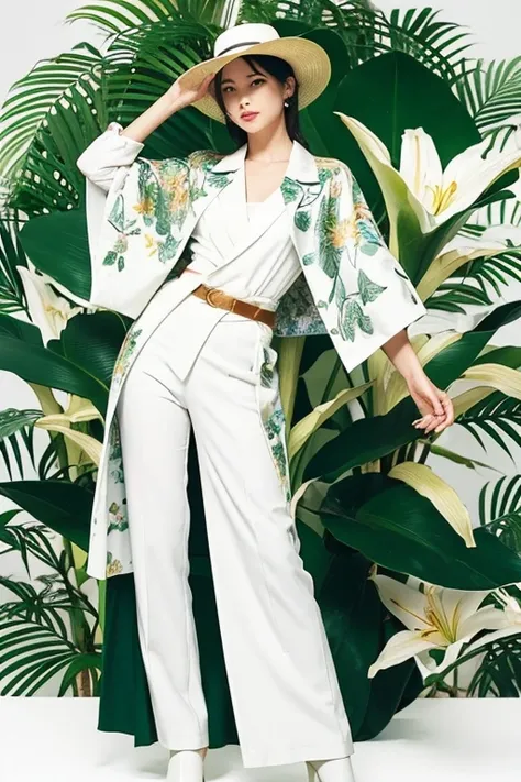 woman，White Lily Knight，White clothes，White trousers，Wearing white boots，suit，Model Body Type，Wearing floral clothing，Stylish，flashy，Wearing a green floral cloak，Wear a long-brimmed hat that covers one eye，Hold the sword in your left hand，whole body，The ch...