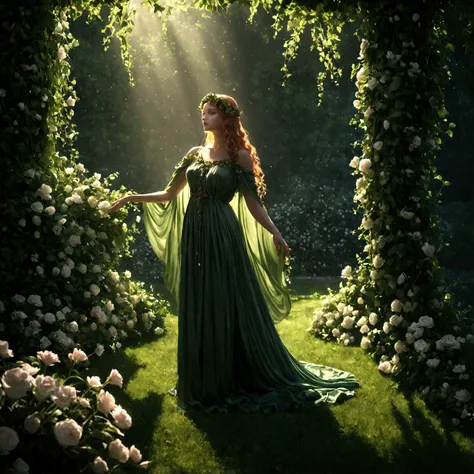 a goddess persephone, elegant intricate floral dress, flowing greenery leaves vines, blooming flowers, lush verdant garden setting, dramatic dramatic lighting, dramatic cinematic atmosphere, hyperrealistic, photorealistic, 8k, ultra-detailed, masterpiece, ...