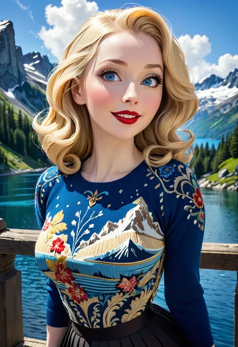 Blonde Woman, Messy Hair, Pale Skin, Red Lipstick, Overlooking Mountain Valley, Alpine Lake. Dress Wth Woodcut Patterns, A Black Knee-Length Pleated Skirt With Blue Embroidery, Norwegian Sweater With Rosemaled Designs. A Wide Smile, Eyes Are Detailed & Wid...